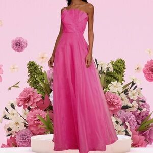 Lulu’s Serenity Hot Pink Organza Strapless Elegant Gown Tulle Prom Maxi Dress